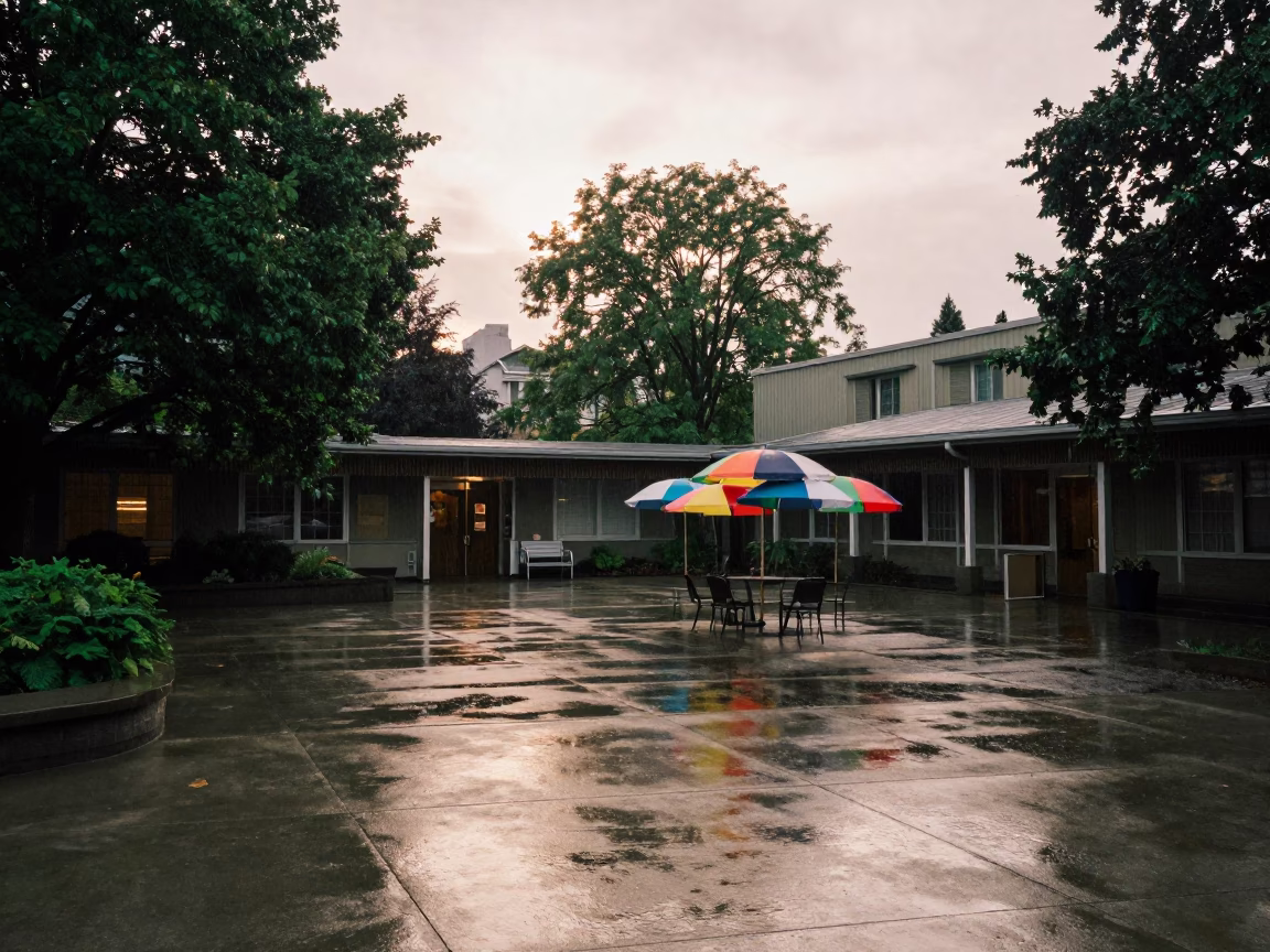 Early Morning Rain Shadows and Greenery in a Seattle Courtyard in in Seattle, Washington, United States