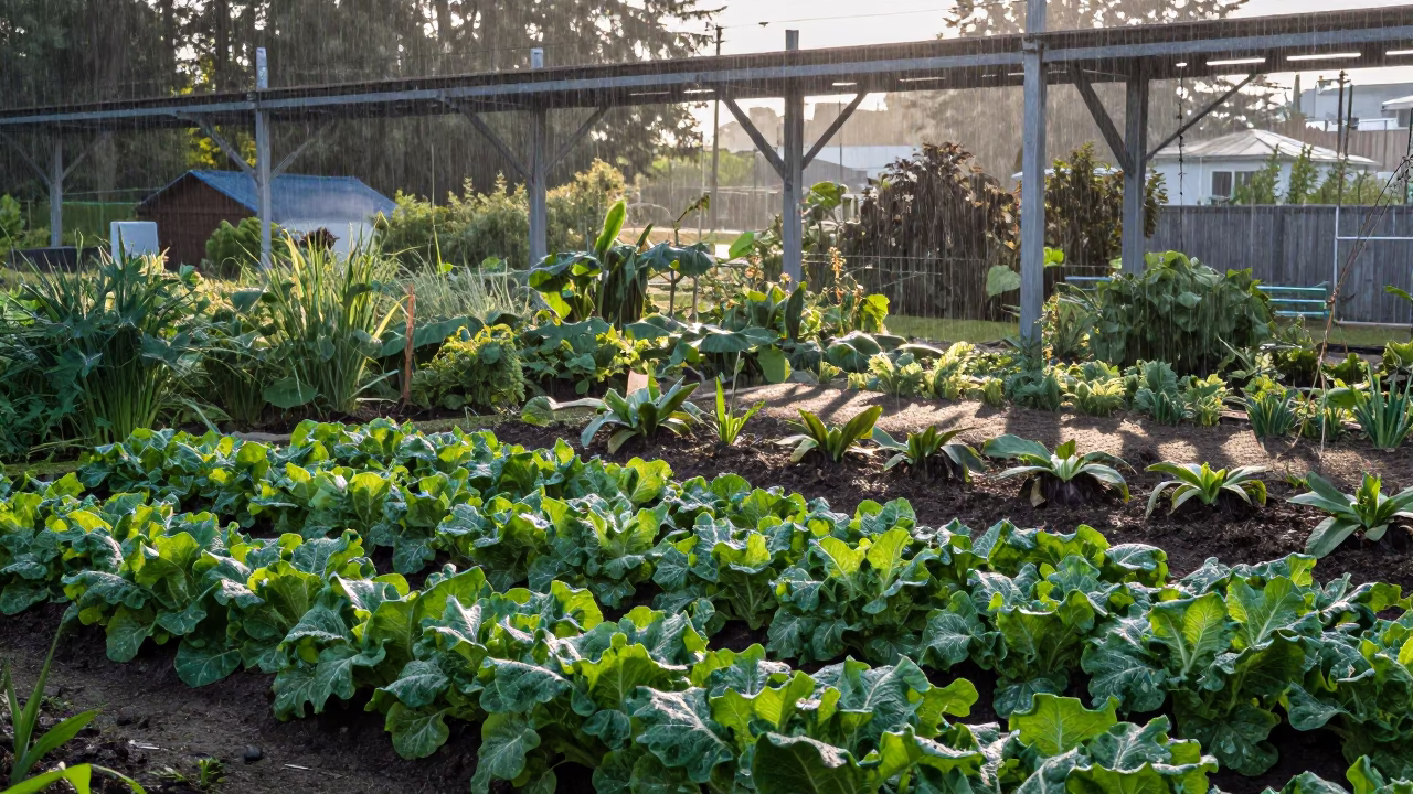 Early Morning Rain Shadows on Vancouver Allotment Gardens Under SkyTrain Viaduct in in Vancouver, British Columbia, Canada