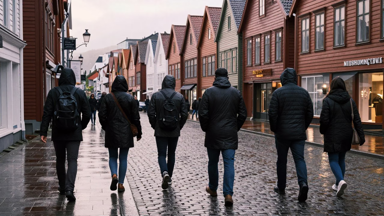Early Morning Raincoats and Cobblestones in Bergen Norway Street Scene in in Bergen, Norway