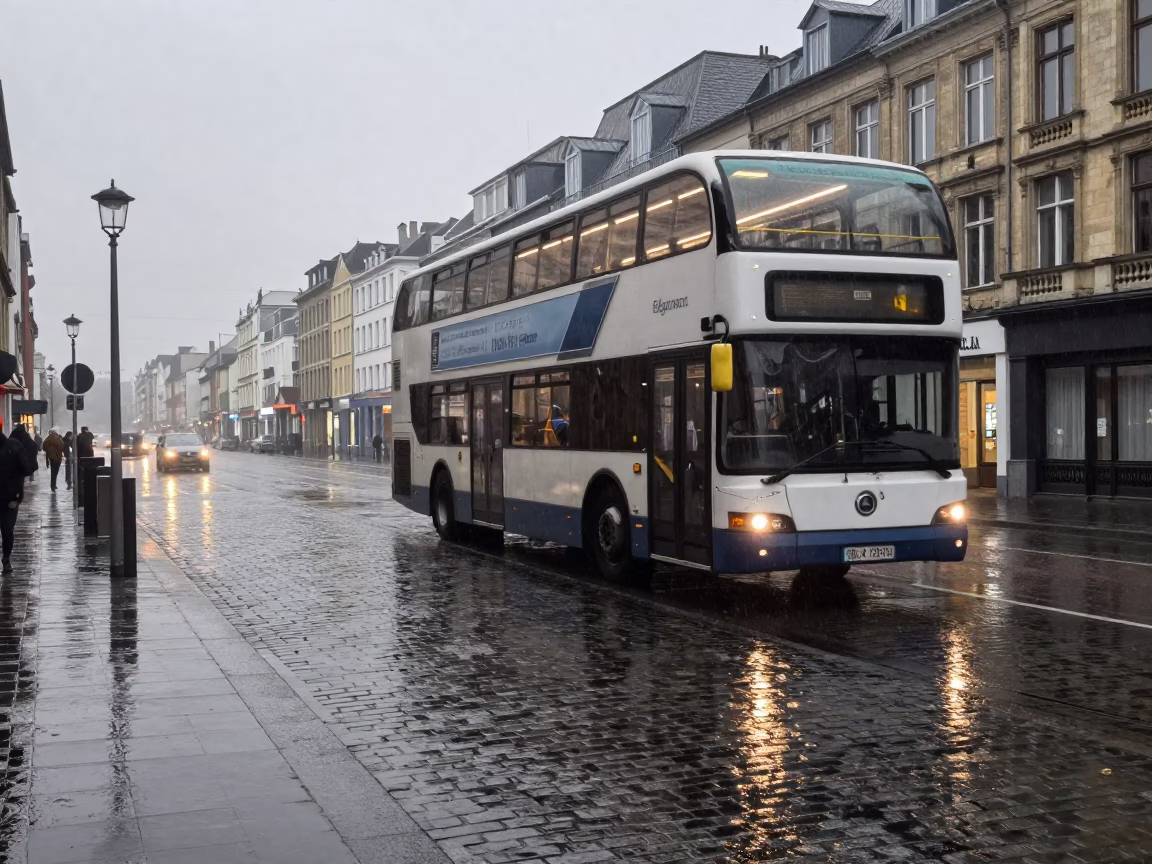 Early Morning Rainy Brussels Street Scene with Double-Decker Bus and Graffiti in in Brussels, Belgium