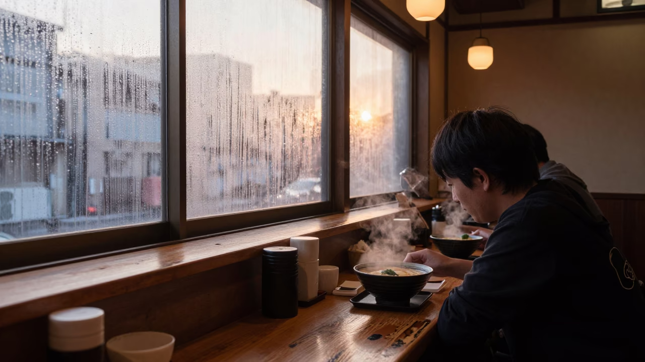 Early Morning Ramen Shop Interior in Osaka Japan with Steaming Bowl at Dawn in in Osaka, Japan