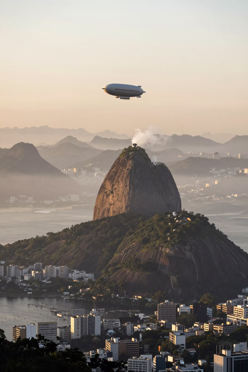 Early Morning Rio de Janeiro Skyline with Zeppelin Airship and Steam Haze in in Rio de Janeiro, Brazil