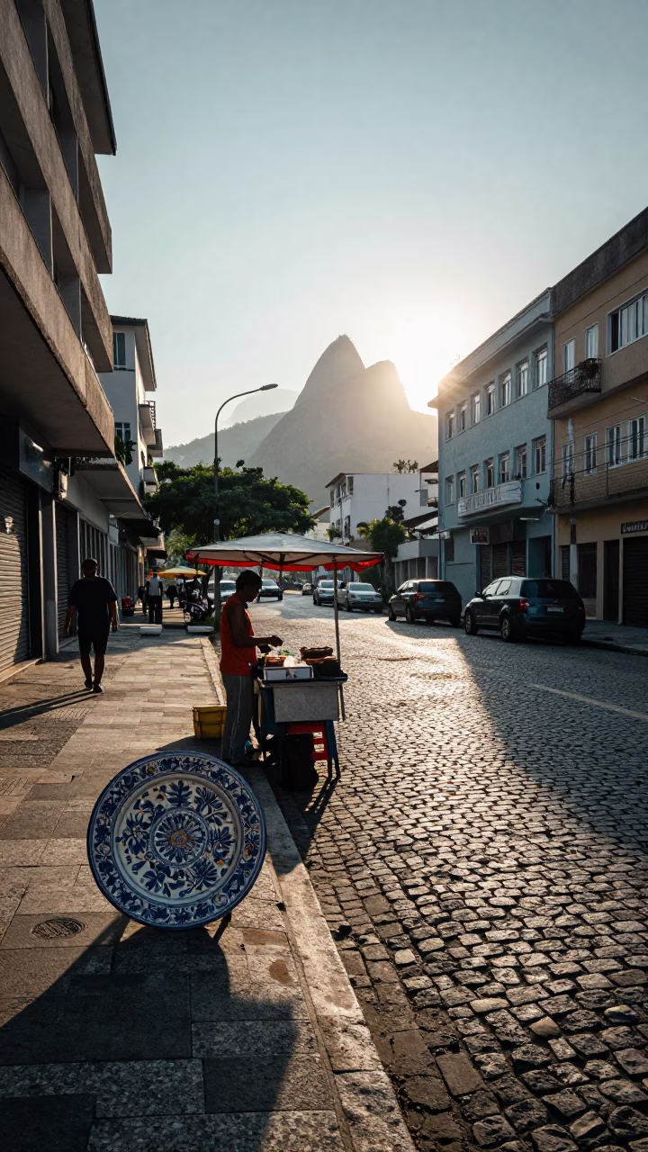 Early Morning Rio de Janeiro Street Scene with Ceramic Plate and Spatula in in Rio de Janeiro, Brazil