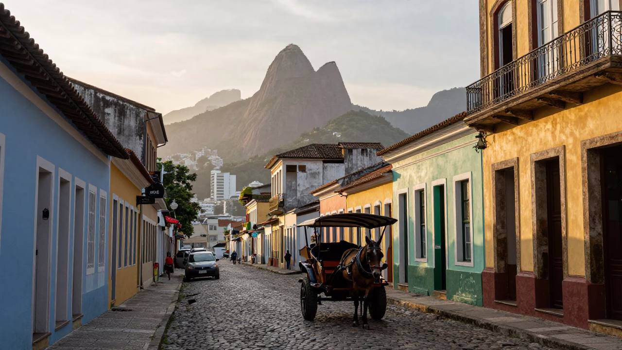 Early Morning Rio de Janeiro Street Scene with Cobblestones and Local Life in in Rio de Janeiro, Brazil
