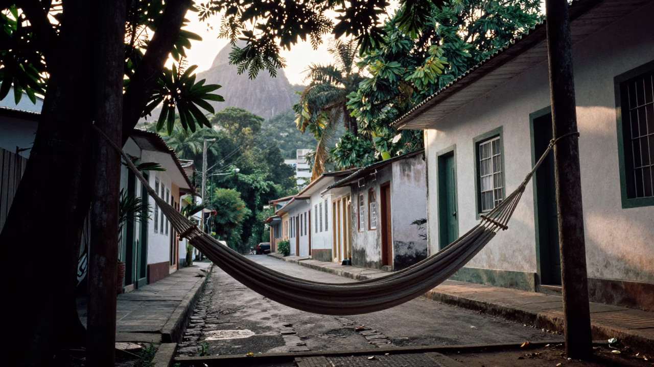Early Morning Rio De Janeiro Street Scene With Hammock And Tropical Waterway in in Rio de Janeiro, Brazil