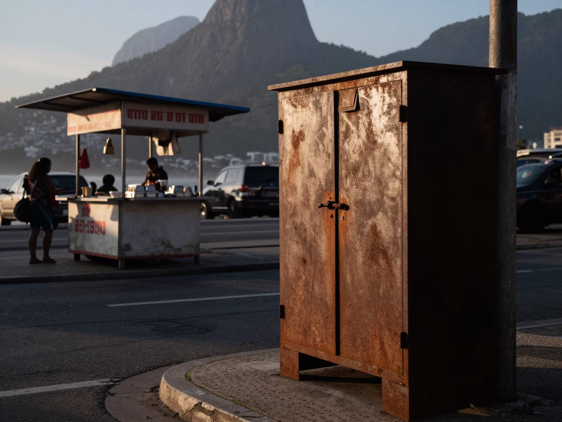 Early Morning Rio de Janeiro Street Scene with Rusty Cabinet and Bar Stools in in Rio de Janeiro, Brazil