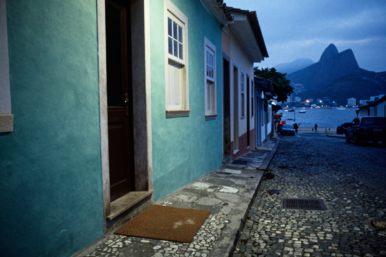 Early Morning Rio Street Scene with Doormat and Local Activity Before Dawn in in Rio de Janeiro, Brazil