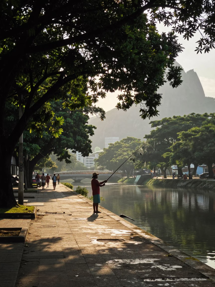 Early Morning Rio Street Scene with Fisherman Casting Line in Historic Neighborhood in in Rio de Janeiro, Brazil