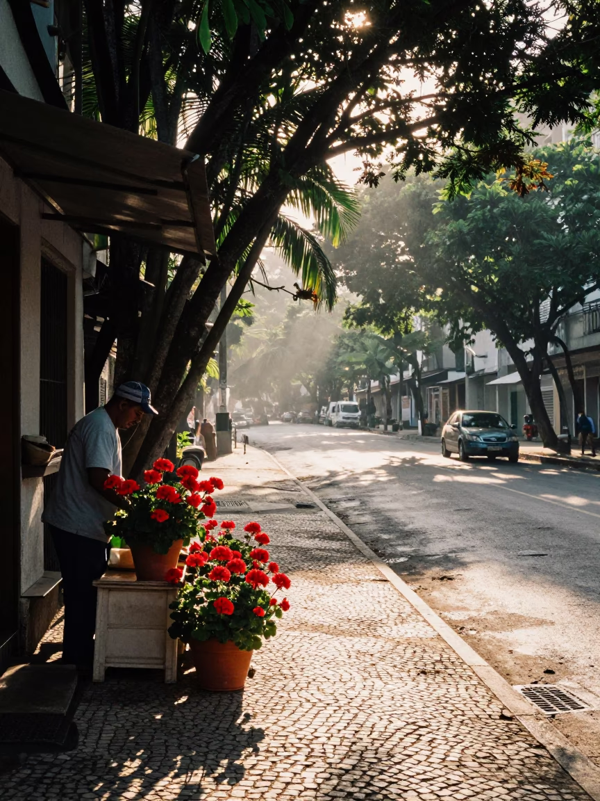Early Morning Rio Street Scene with Geraniums and Ceramic Pot in in Rio de Janeiro, Brazil