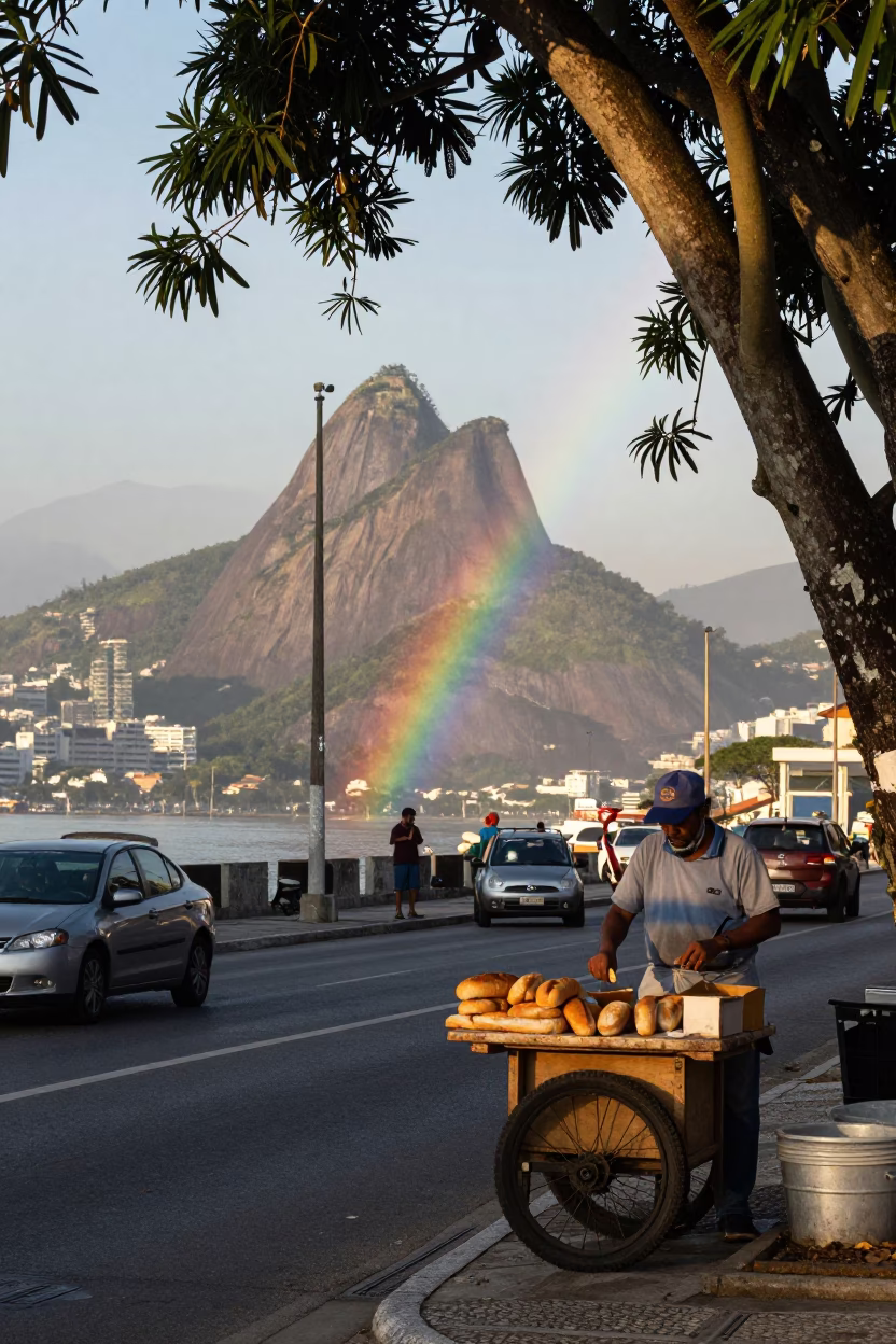 Early Morning Rio Street Scene with Rainbow Eucalyptus and Local Life in in Rio de Janeiro, Brazil