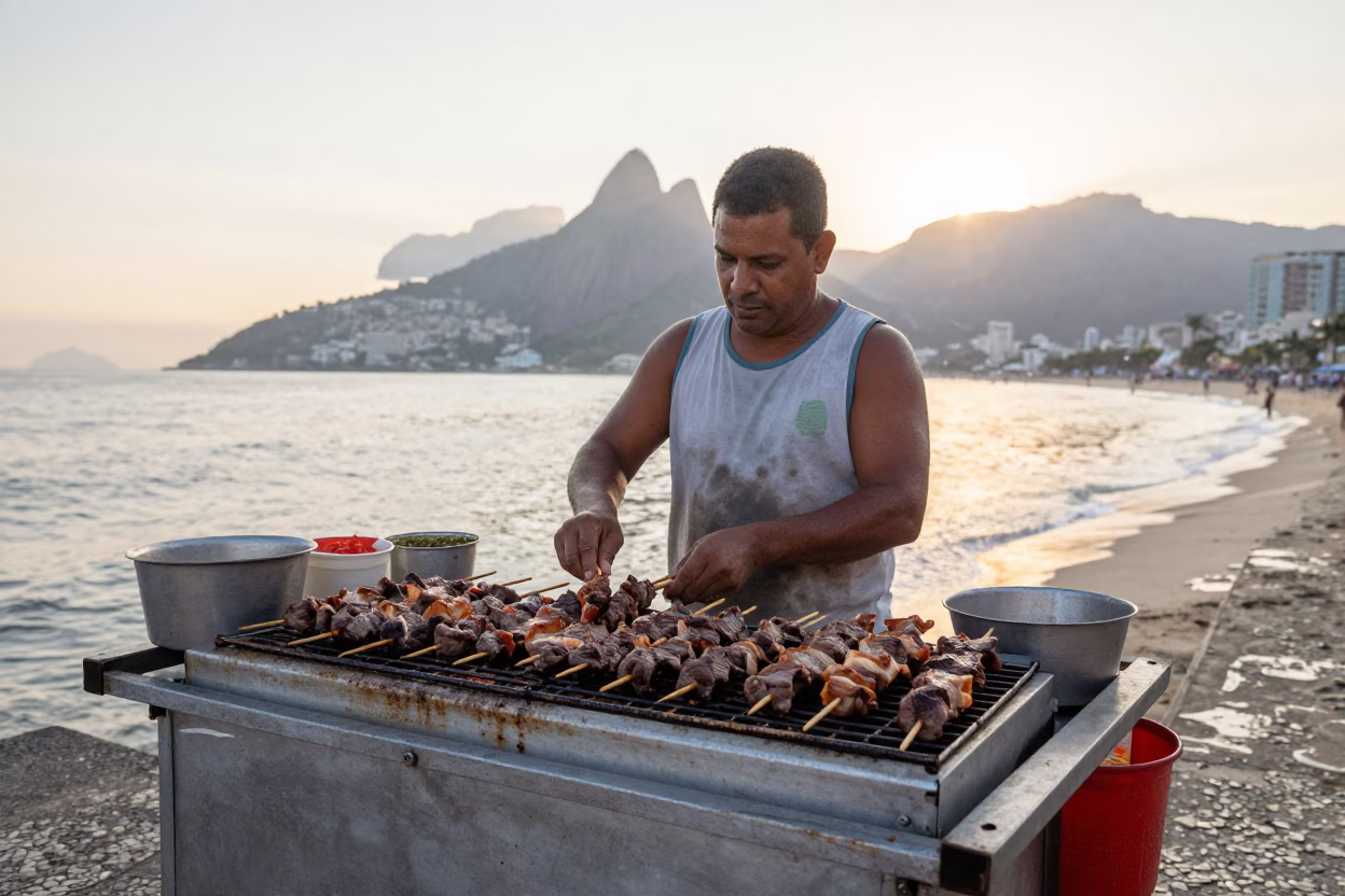 Early Morning Rio Street Vendor Selling Skewered Anticuchos in Brazil in in Rio de Janeiro, Brazil