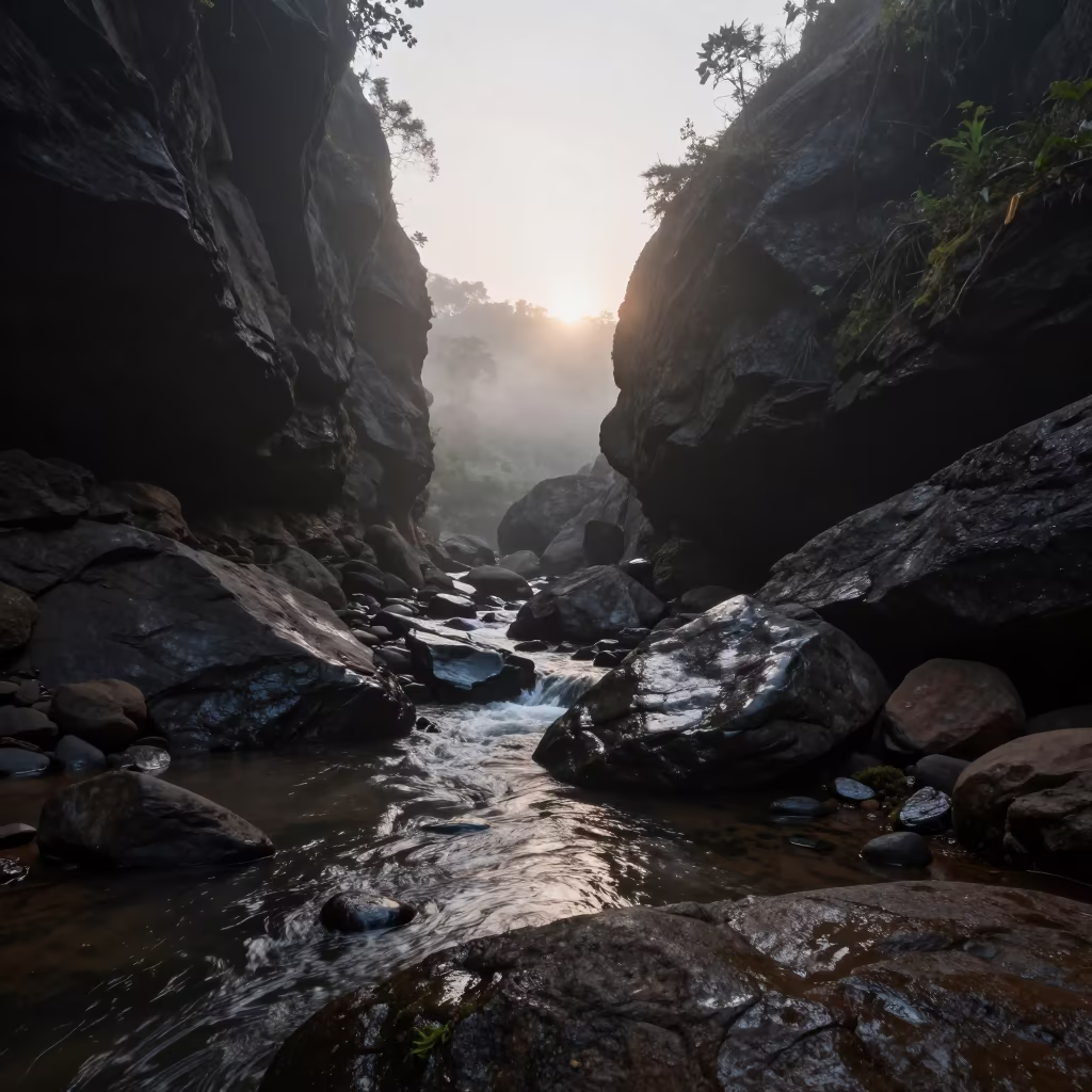 Early Morning River Emerging from Cave Sri Lanka in in Sri Lanka
