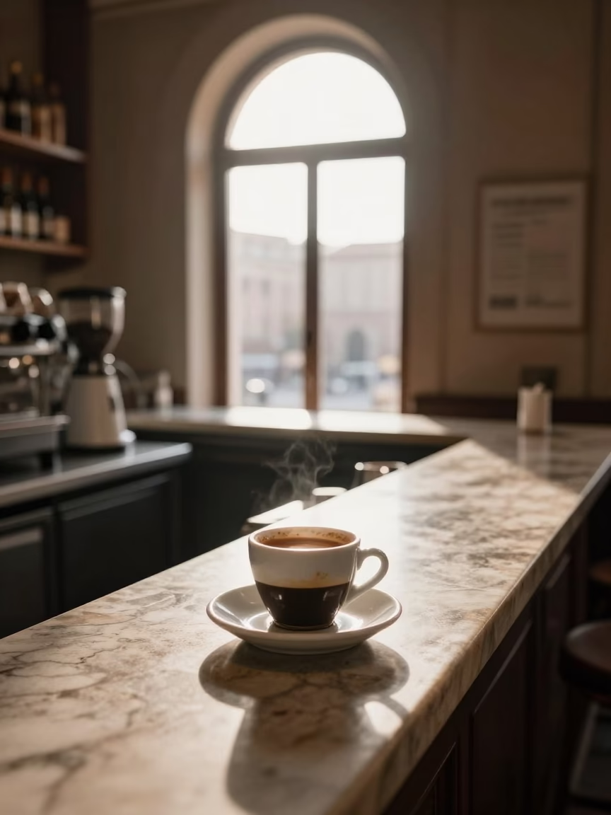 Early Morning Roman Bakery Counter with Coffee and Pastries in Rome Italy in in Rome, Italy