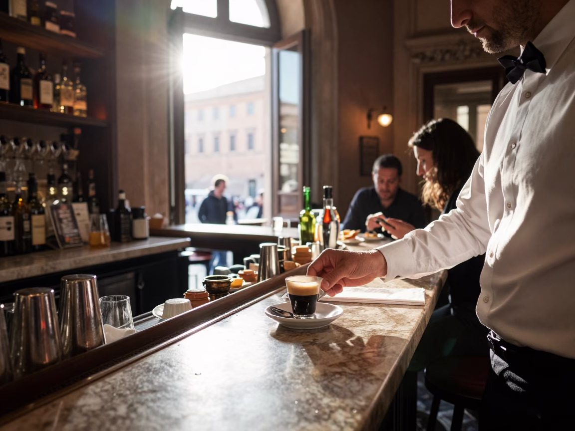 Early Morning Roman Breakfast at a Bar Counter with Espresso and Pastries in in Rome, Italy