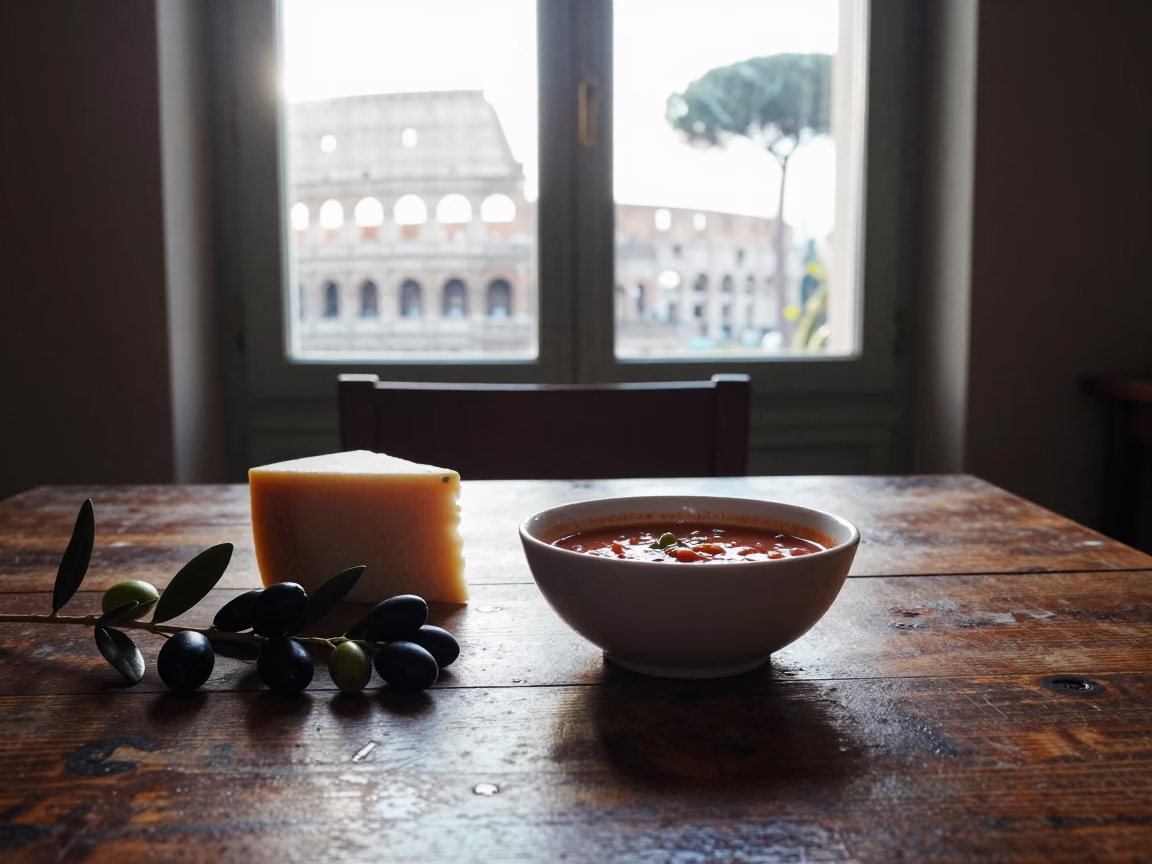Early Morning Roman Breakfast with Olive Branch and Minestrone in Traditional Kitchen in in Rome, Italy