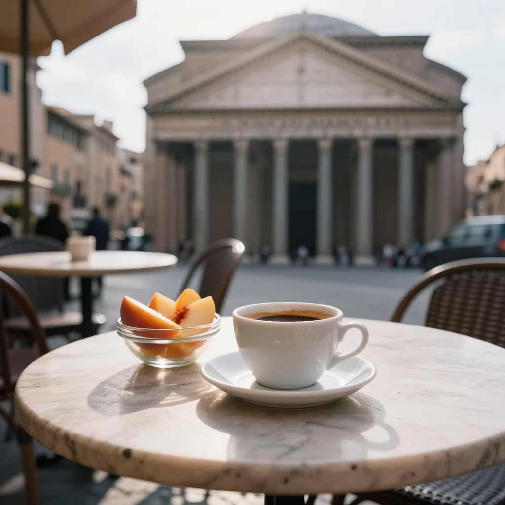 Early Morning Roman Cafe Breakfast Scene with Ceramic Cup and Fruit Bowl in in Rome, Italy