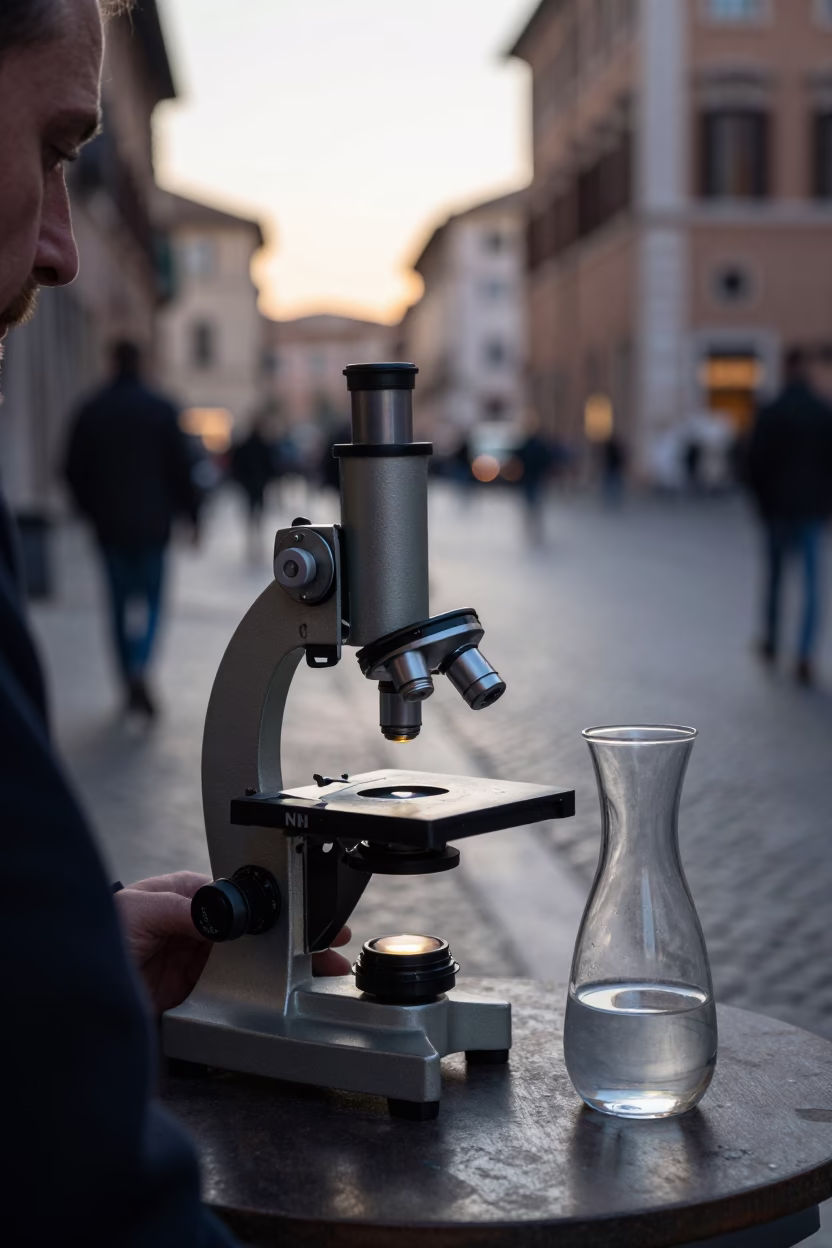 Early Morning Roman Street Scene with Antique Microscope and Glass Carafe in Rome Italy in in Rome, Italy