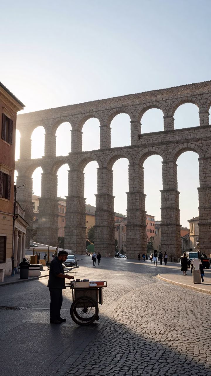 Early Morning Roman Street Scene with Aqueduct and Local Vendor in in Rome, Italy