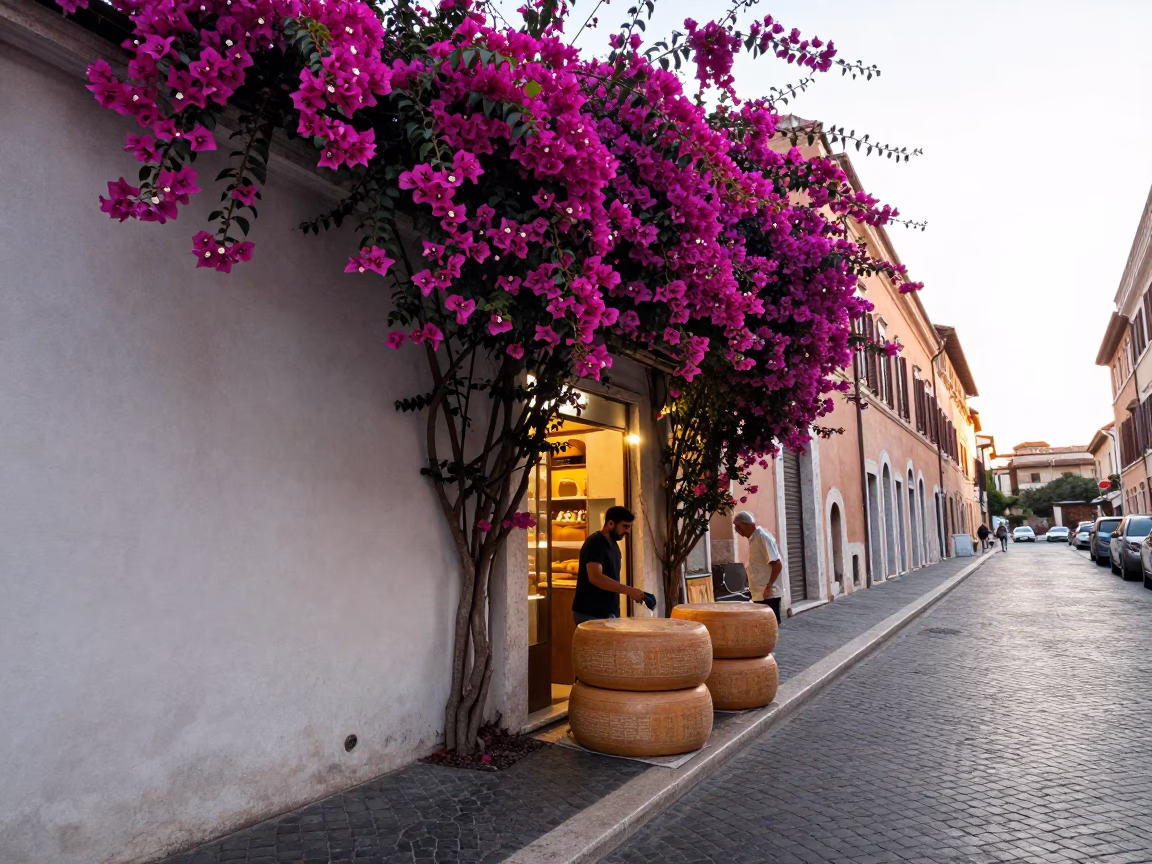 Early Morning Roman Street Scene with Bougainvillea and Italian Deli Display in in Rome, Italy