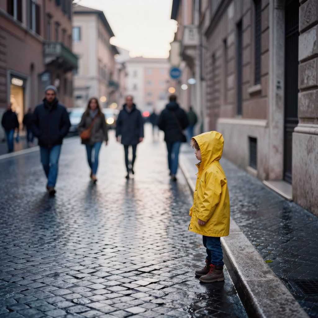 Early Morning Roman Street Scene with Child and Punt on Tiber River in in Rome, Italy