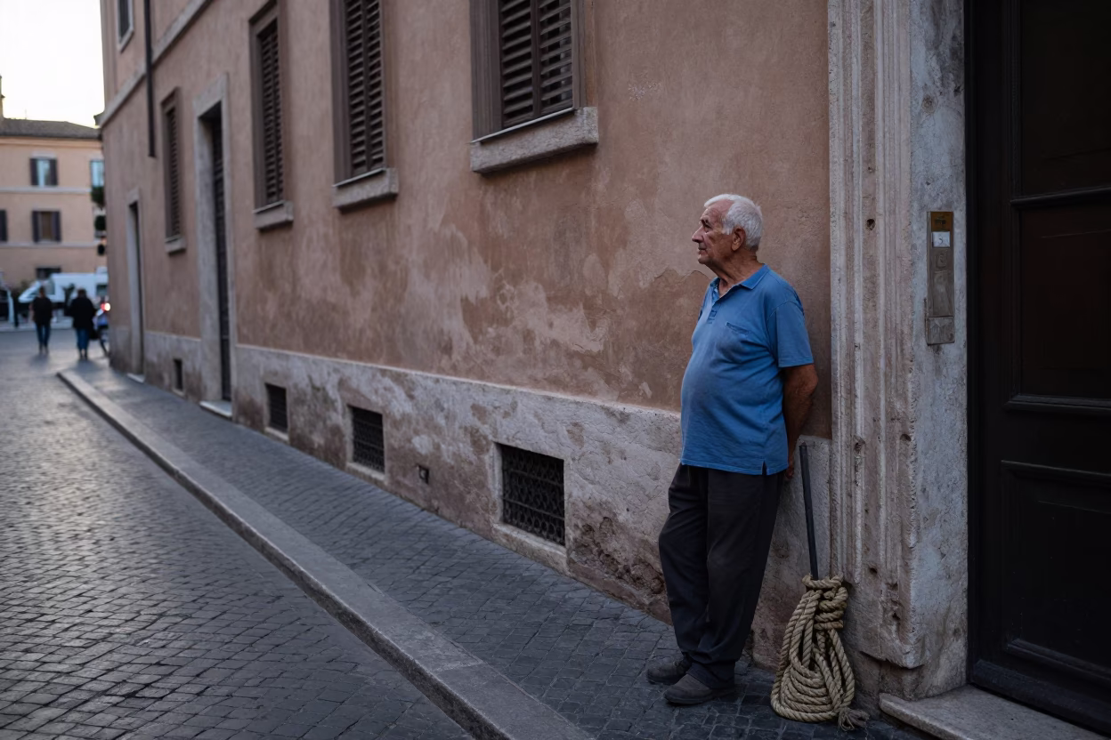 Early Morning Roman Street Scene with Coiled Rope and Brooms in Historic Alley in in Rome, Italy