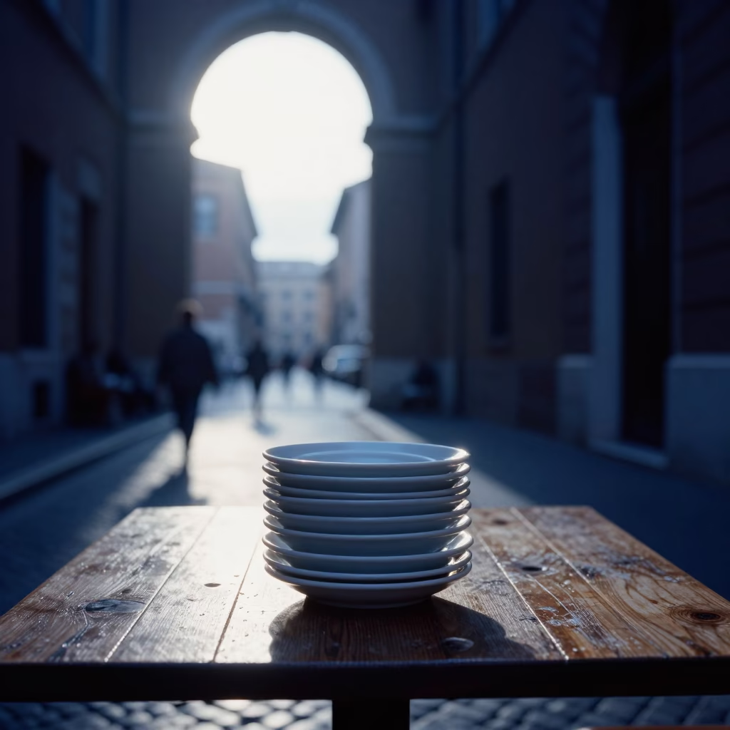 Early Morning Roman Street Scene with Stacked Saucers and Window Light in Italy in in Rome, Italy