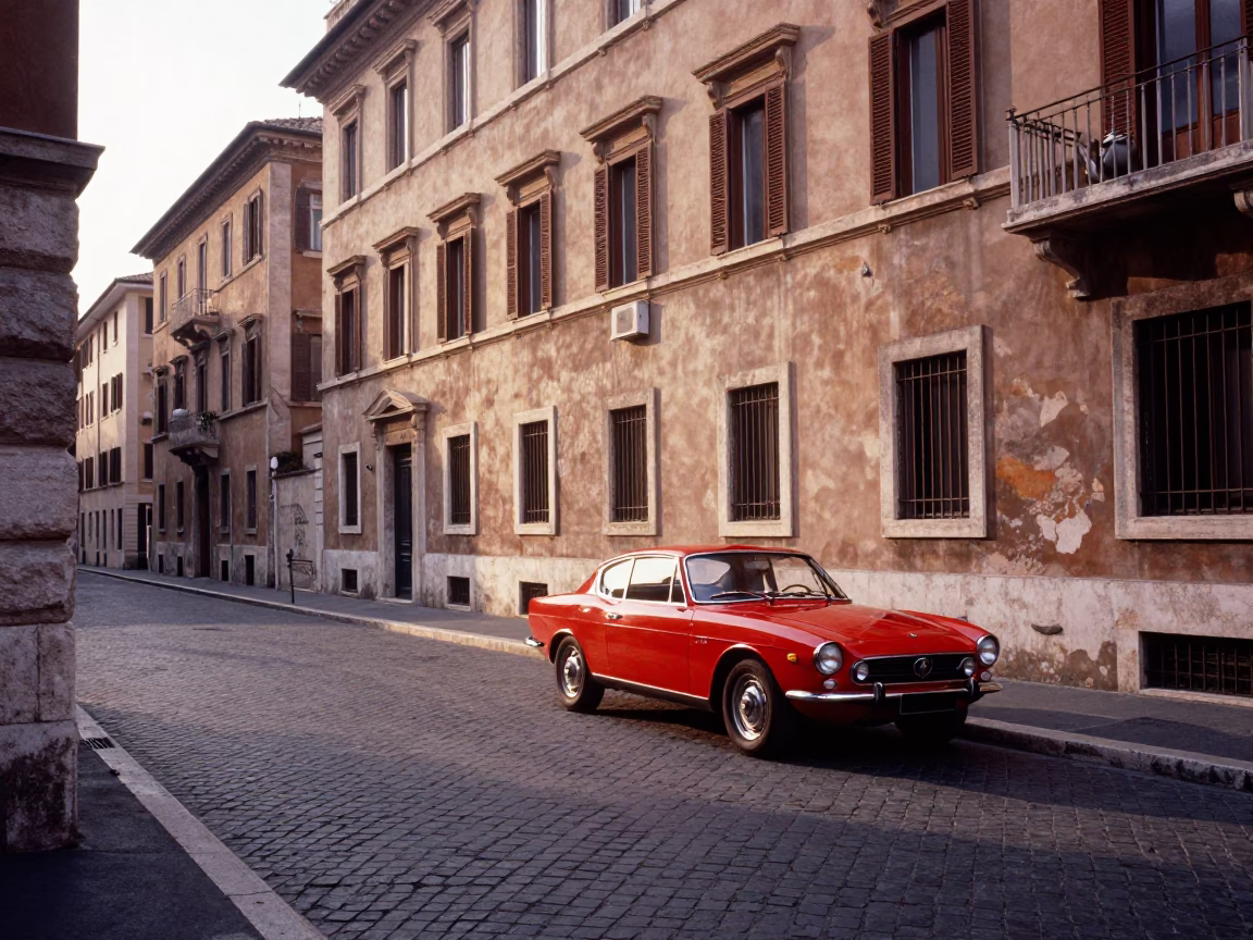Early Morning Roman Street Scene with Tea Kettle and Vintage Car in in Rome, Italy