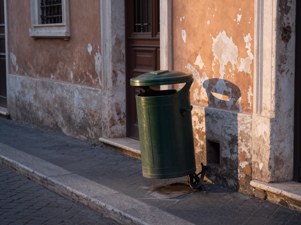 Early Morning Roman Street Scene with Trash Can and Alarm Clock in in Rome, Italy