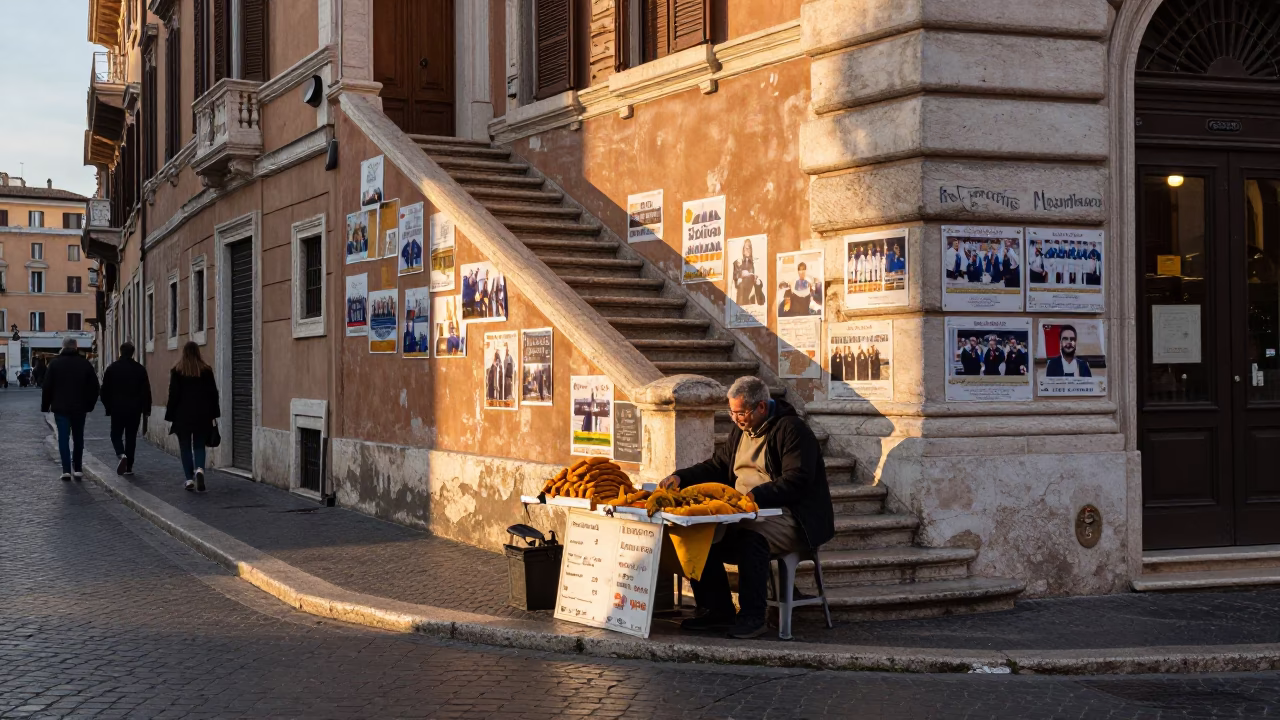 Early Morning Roman Street Scene with Turmeric Vendor and Faded Championship Photos in in Rome, Italy