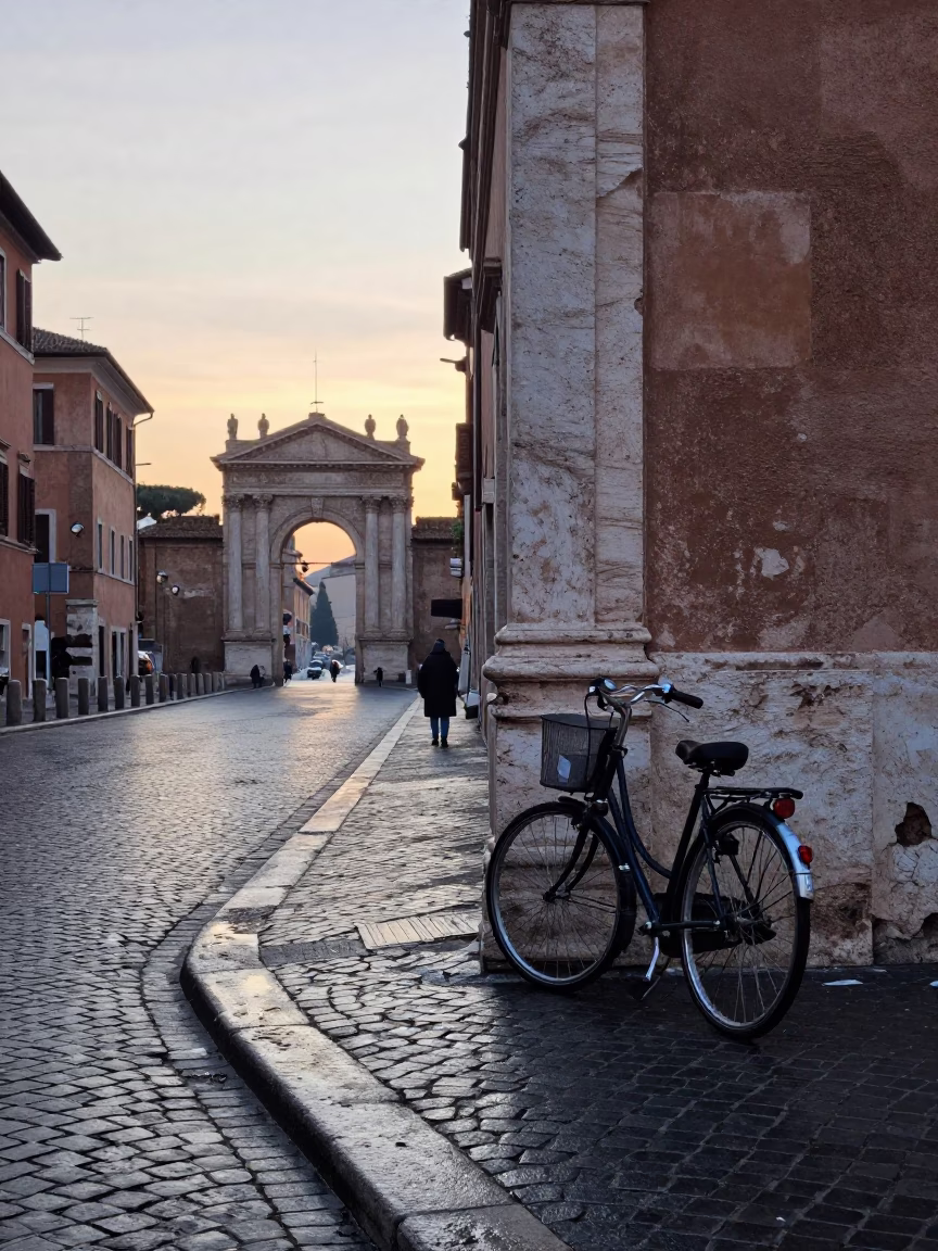 Early Morning Roman Street Scene with Vintage Bicycle and Stone Architecture in in Rome, Italy