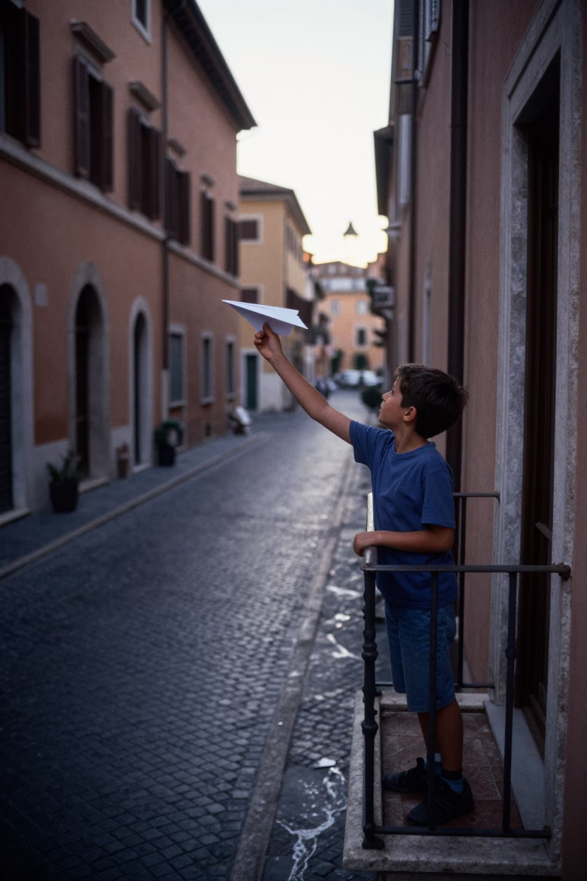 Early Morning Rome Balcony Boy Flying Paper Airplane Near Ancient Roman Wall in in Rome, Italy