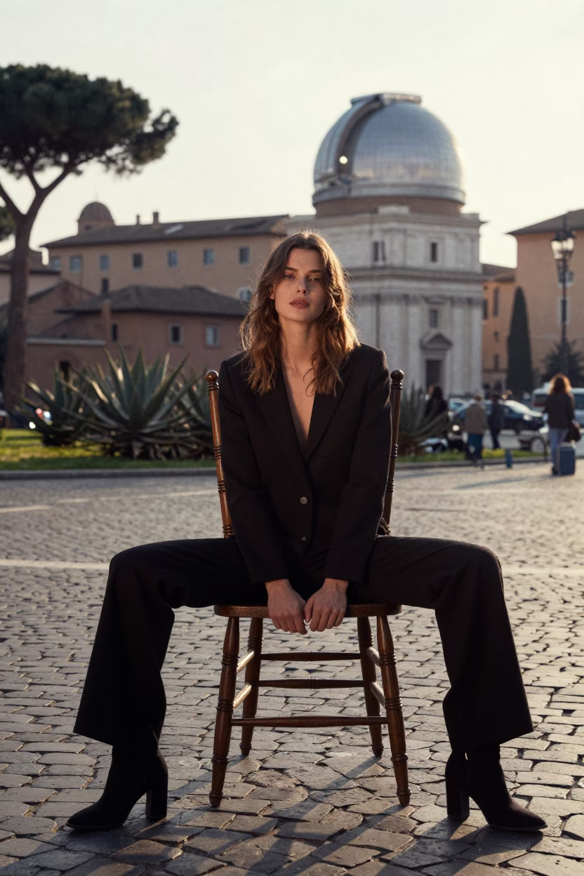 Early Morning Rome Italy High Fashion Model Spindle Chair Piazza Navona Cobblestones in in Rome, Italy