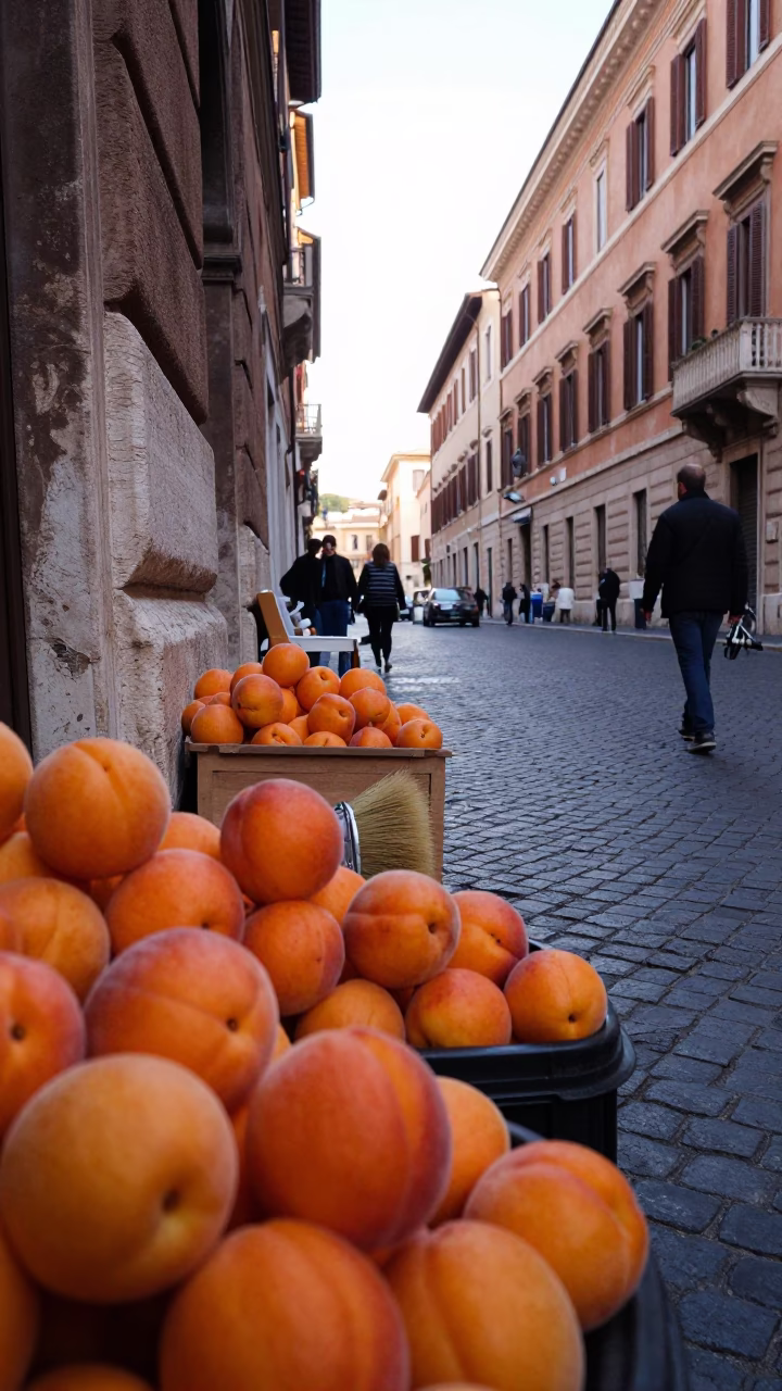 Early Morning Rome Italy Street Scene with Apricots and Brushed Steel Tile Detail in in Rome, Italy