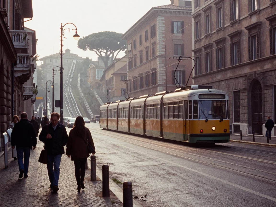 Early Morning Rome Italy Street Scene with Funicular and Dewy Clover in in Rome, Italy