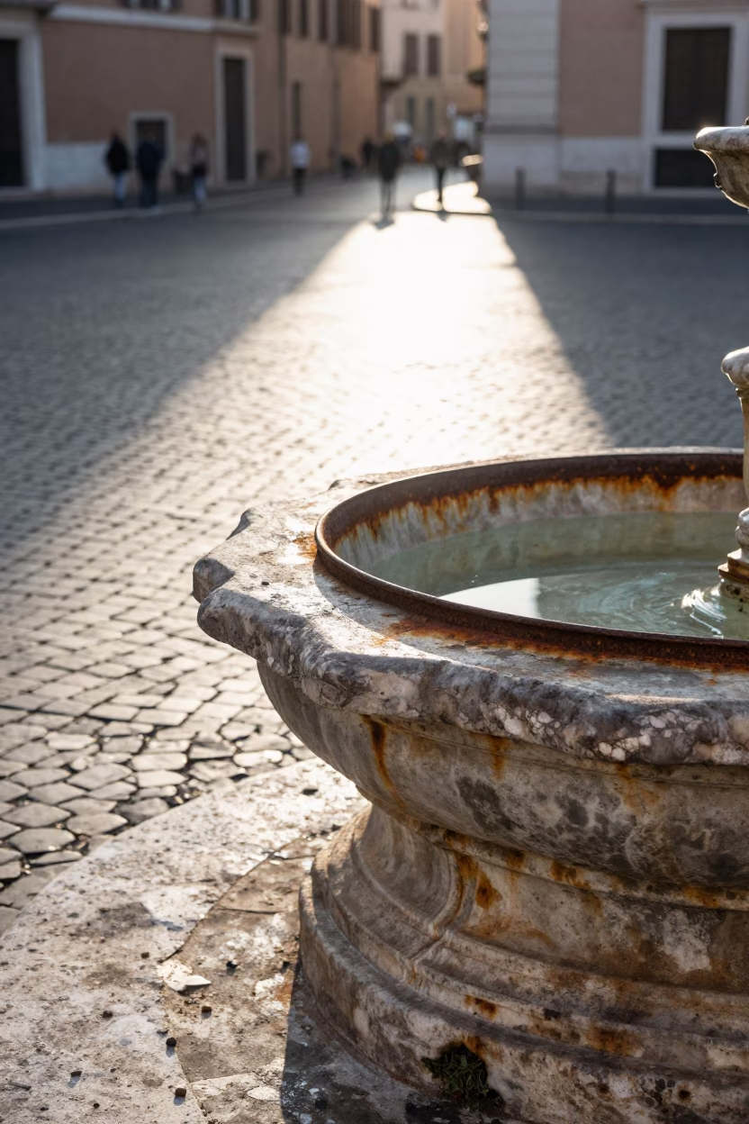 Early Morning Rome Italy Street Scene with Rusty Metal Basin and Scarf Detail in in Rome, Italy
