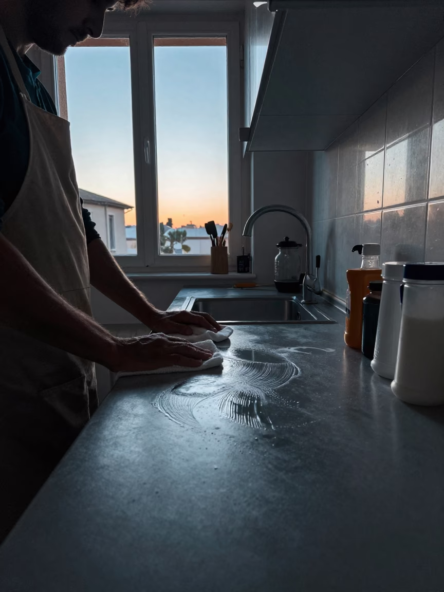 Early Morning Rome Kitchen Counter With Soap Streaks And Pottery in in Rome, Italy