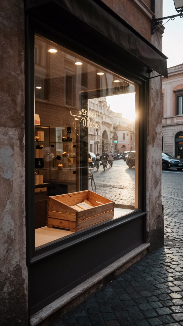 Early Morning Rome Street Scene with Bakery Display and Urban Details in in Rome, Italy