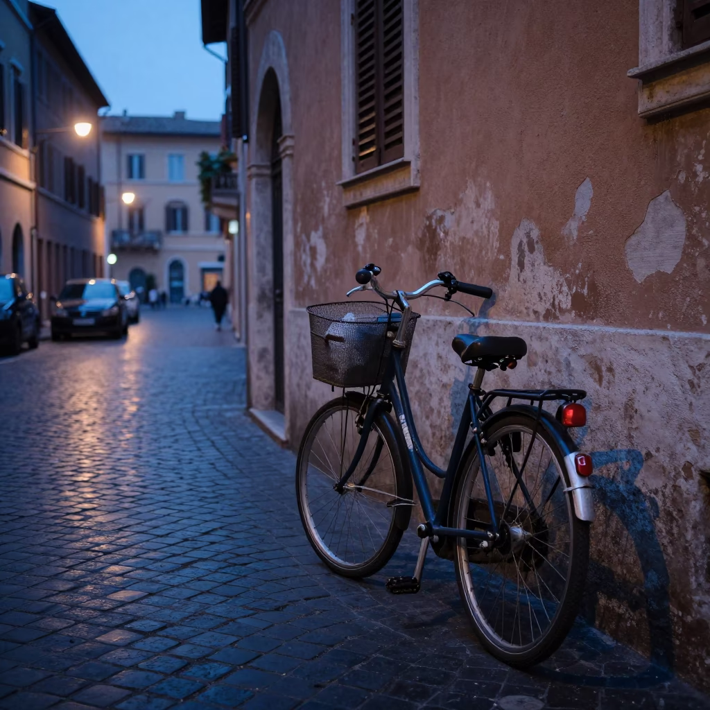 Early Morning Rome Street Scene with Bicycle Basket and Urban Rooftop Water Tower in in Rome, Italy