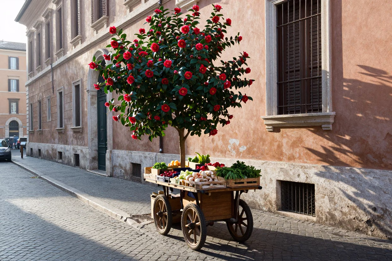 Early Morning Rome Street Scene with Camellia and Window Light in in Rome, Italy