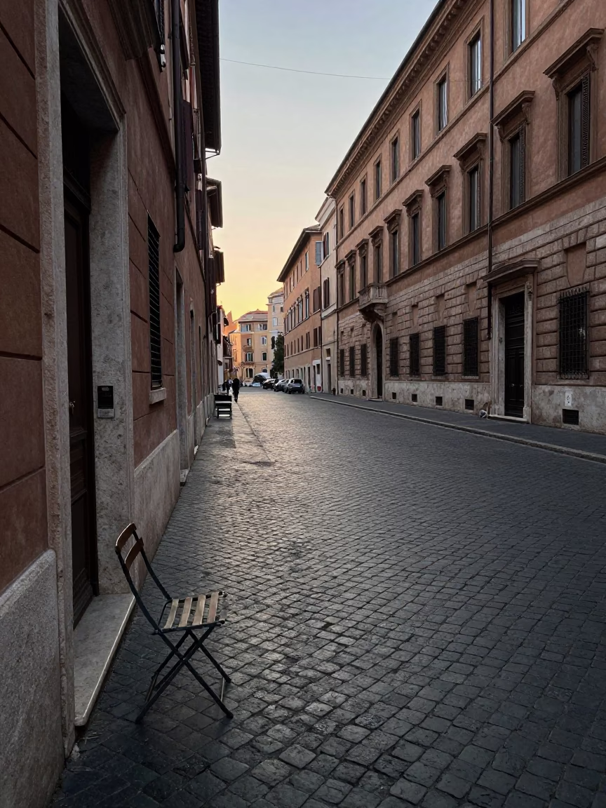 Early Morning Rome Street Scene with Cobblestones and Vintage Details in in Rome, Italy
