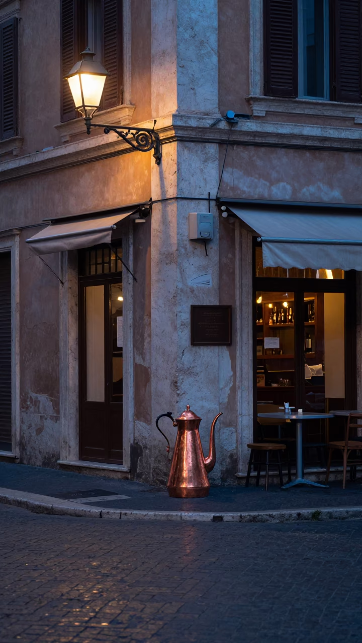 Early Morning Rome Street Scene with Copper Coffee Pot and Local Interaction Before Sunrise in in Rome, Italy