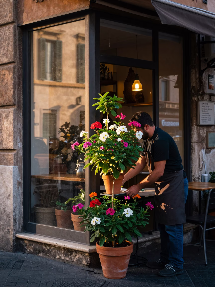 Early Morning Rome Street Scene with Flowering Plant and Kitchen Basil in in Rome, Italy