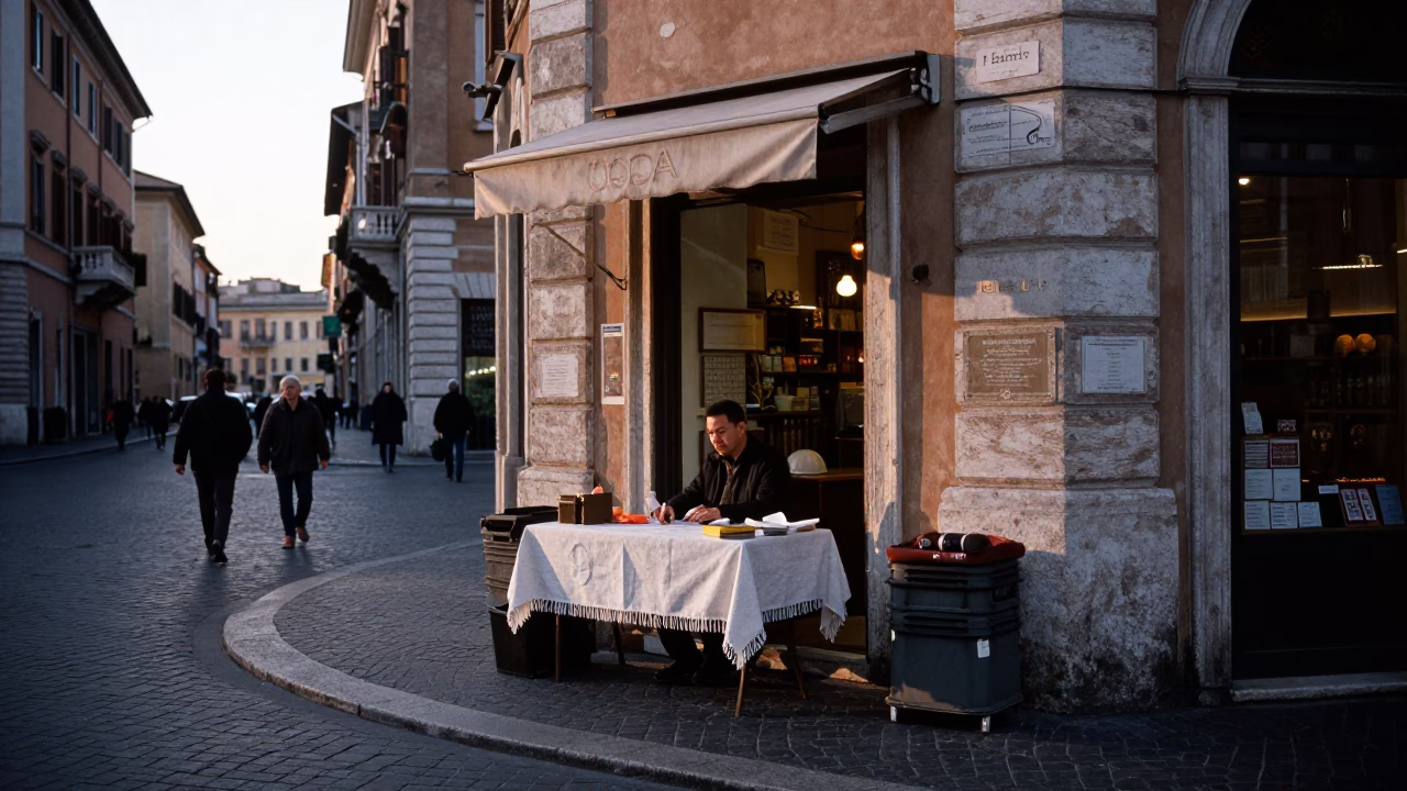 Early Morning Rome Street Scene with Linen Fringe Tablecloth and Pegboard Shop Display in in Rome, Italy