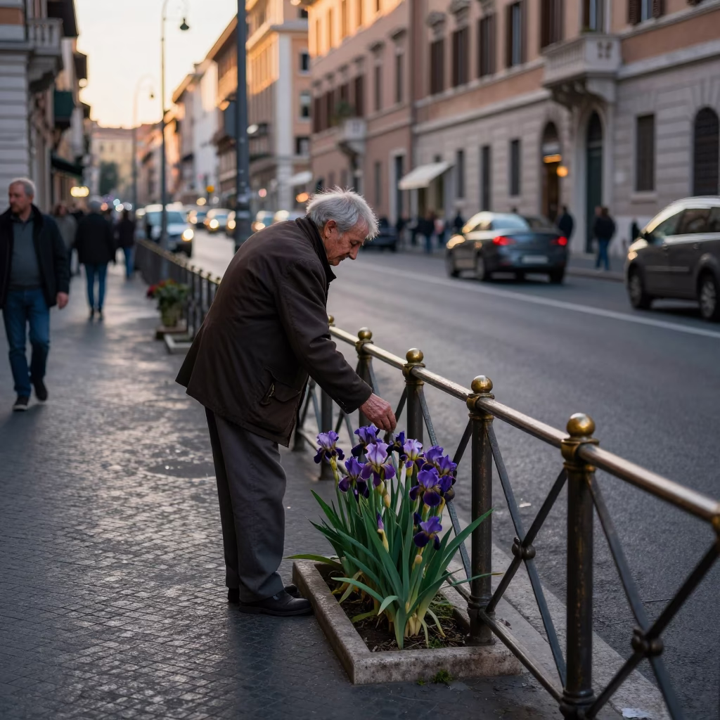 Early Morning Rome Street Scene with Polished Brass Rail and Iris Blossoms in in Rome, Italy