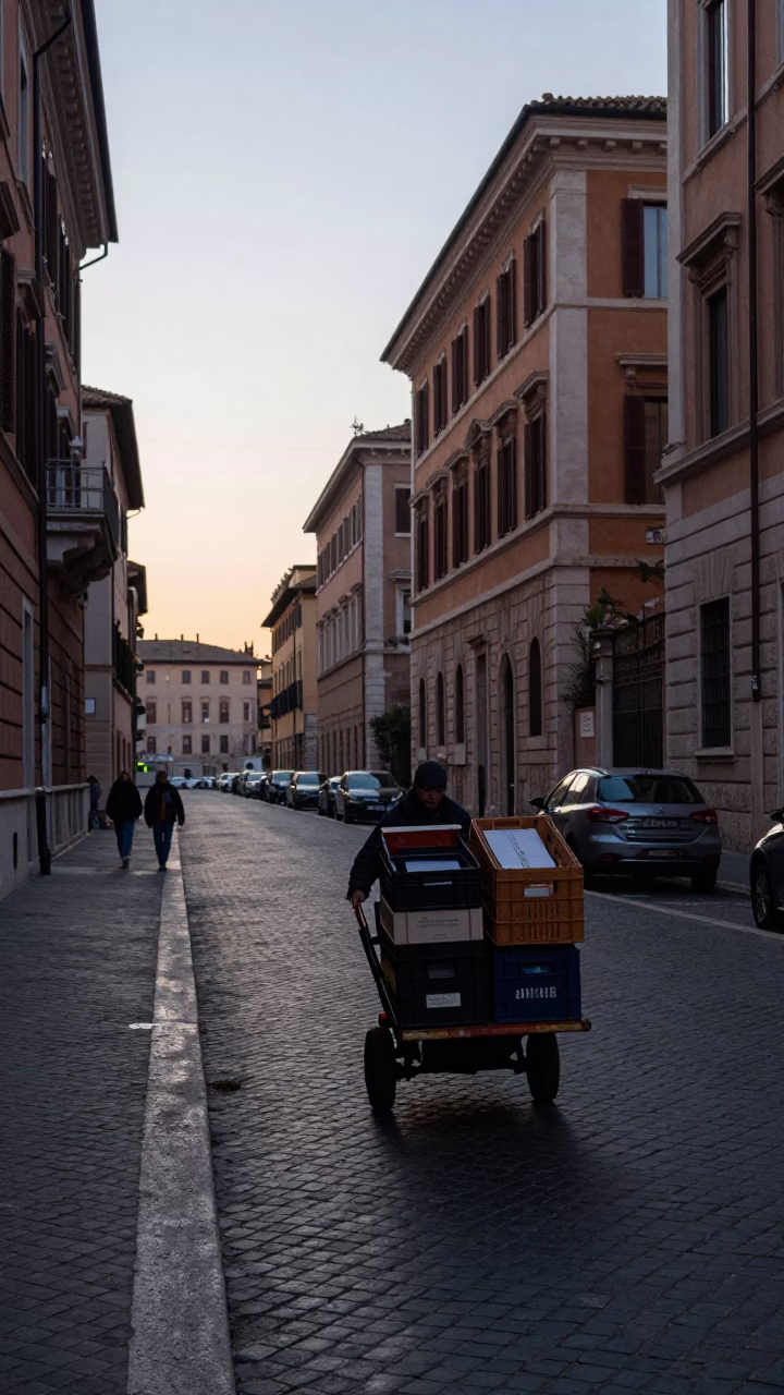 Early Morning Rome Street Scene with Rolling Carts and Sleeping Dog in in Rome, Italy