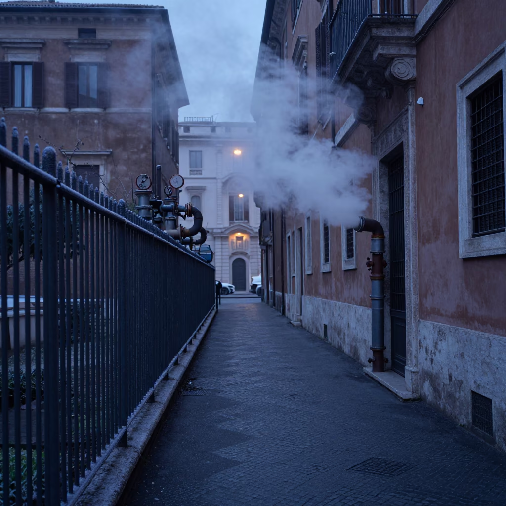 Early Morning Rome Street Scene with Steaming Pipe and Frost Before Dawn in in Rome, Italy