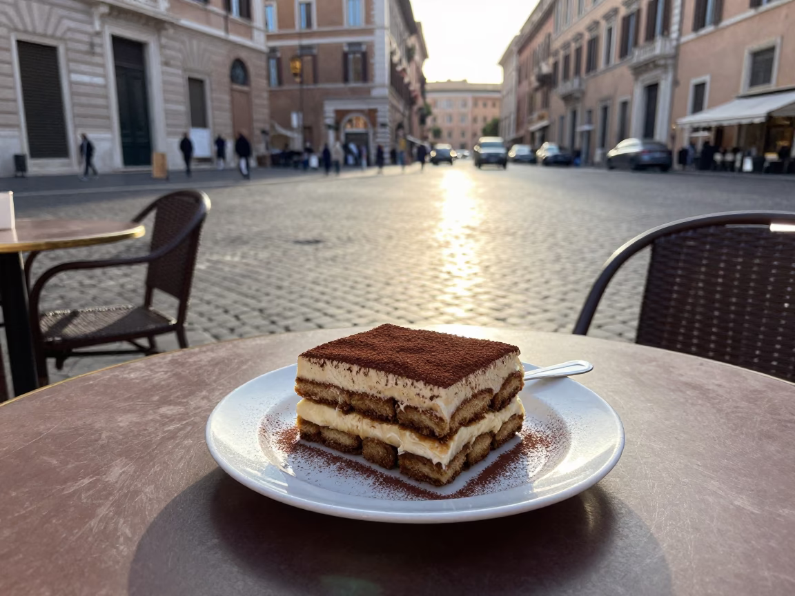 Early Morning Rome Street Scene with Tiramisu and Serving Spoon in in Rome, Italy