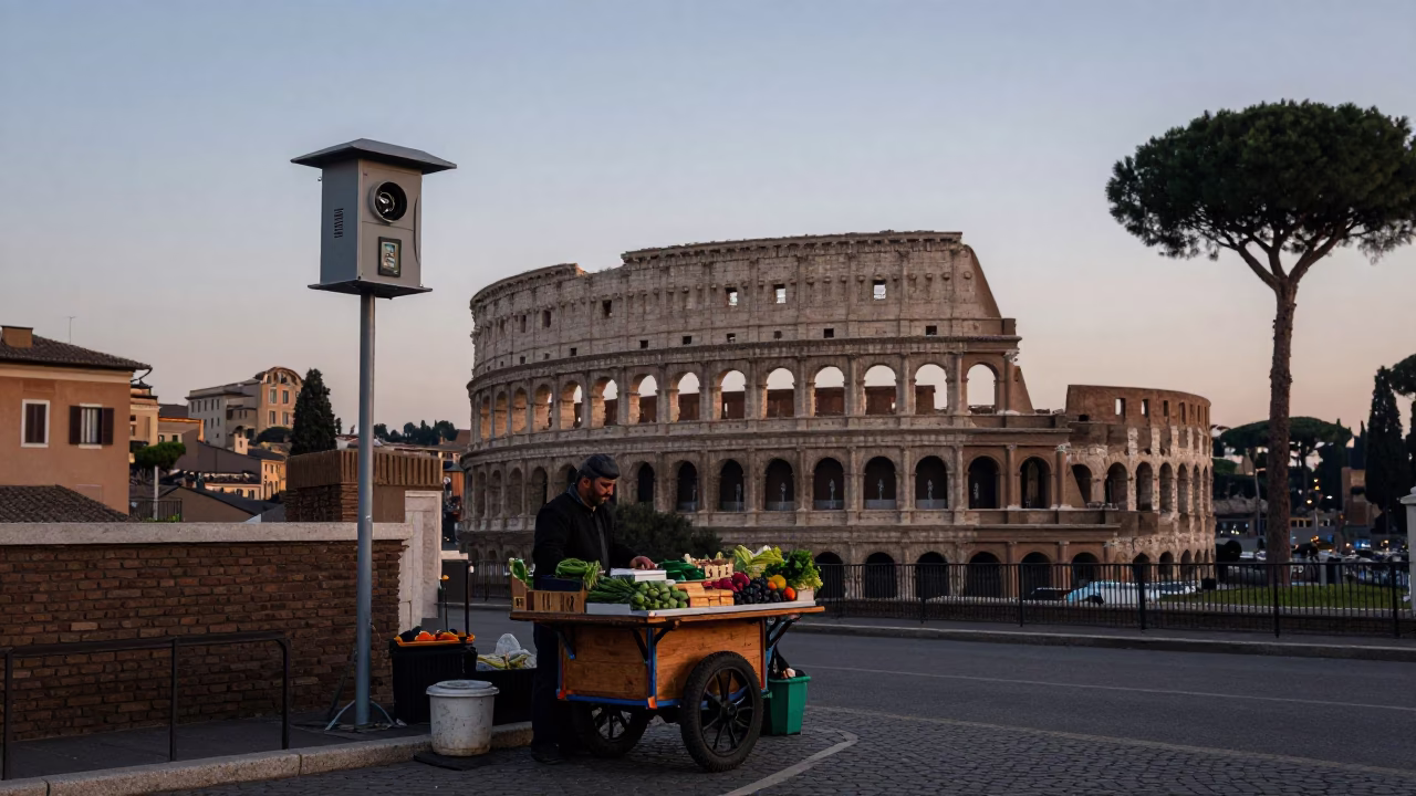 Early Morning Rome Street Scene with Vendor and Local Items in in Rome, Italy