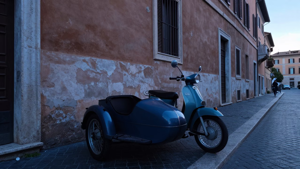 Early Morning Rome Street Scene with Vintage Motorcycle Sidecar and Morning Coffee in in Rome, Italy