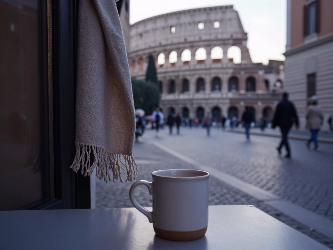 Early Morning Rome Street Scene with Vintage Mug and Linen Fringe Detail in in Rome, Italy